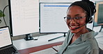 Computer screen, smile and woman in call center for tech support, virtual assistance or IT help desk. Face, headset and happy black person in office for typing, software troubleshooting or service