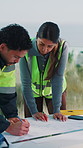 People, team and outdoor with floorplan for planning, renovation idea or problem solving in meeting. Man, woman and blueprint on site for discussion, engineer collaboration and explain design