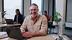 Man, realtor and laptop in office with face, about us or happy for property listing on website. Mature estate agent, tech or coworking in firm with auction opportunity with smile for extra commission