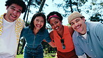 Face, friends and people outdoor for hangout, social gathering and bonding for get together. Portrait, happy and low angle of men with women for affection, connection and laugh for weekend in park