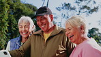 Fitness, selfie and senior people at park, relax and profile picture after workout or laugh together. Outdoor, photography and happy friends on break, exercise and memory on social media in nature