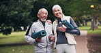 Senior, couple and face with yoga mat at park to start fitness, holistic health or exercise ready. Water, interracial people and laughing for retirement wellness, workout and support in healthy aging