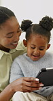 Smile, mom and child in home with tablet, interactive ebook or educational quiz for bonding activity. Black family, mother or happy kid with tech for phonics app, digital literacy or learning support