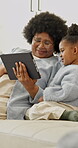 Smile, grandma or child in home with tablet, interactive ebook or educational game with support. Black family, senior woman or grandchild with tech, online puzzle or bonding activity on weekend visit