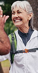 Senior, hiking and happy couple with high five in nature for outdoor success, achievement or goal. Active, elderly man and woman with smile for trekking, team adventure or journey together in forest