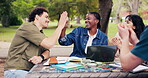 College students, high five and friends with laptop, laughing and applause for academic achievement. Happy people, clapping and celebration for success, discussion and study with tech at university