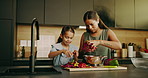 Mom, child and washing food in kitchen for hygiene, disinfection or cleaning preparation in home. Mother, kid or helping daughter with organic vegetables for dirt, bacteria or germ removal in house