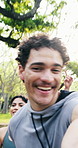 Face, influencer and man recording for running club, exercise and active with friends outdoor. Portrait, pov and person with video for workout, fitness and content creation for social media in park