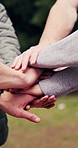 Athlete, people and hand stack for fitness, motivation and sports success for wellness in nature. Friends, runner and celebration at park for agreement, solidarity and support of exercise achievement