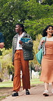 People, students and walk on campus with smile, learning and higher education opportunity with friends. Conversation, happy and group outdoor for growth, back to school and university together