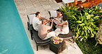 Toast, swimming pool and friends on vacation with drinks, celebration and above with happiness. Holiday, mature people and cheers outdoor with wine for relax, social gathering and summer resort