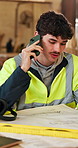 Blueprint, discussion and phone call with man in carpentry workshop for lumber or timber supply. Conversation, tech and project management with carpenter in woodworking factory with floor plan
